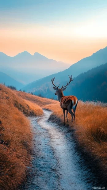 Cool deer beside a winding trail disappearing into the horizon.