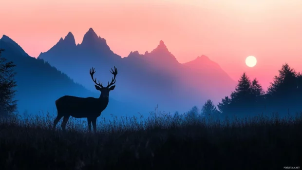Cool deer framed by delicate mountain silhouettes in the distance.