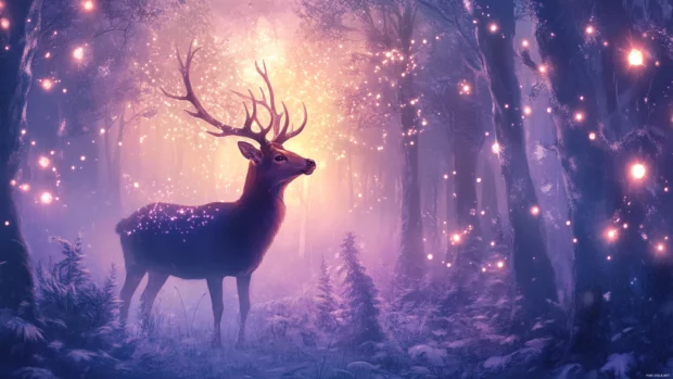 Cool deer in a magical forest with floating lights and a soft pastel sky.