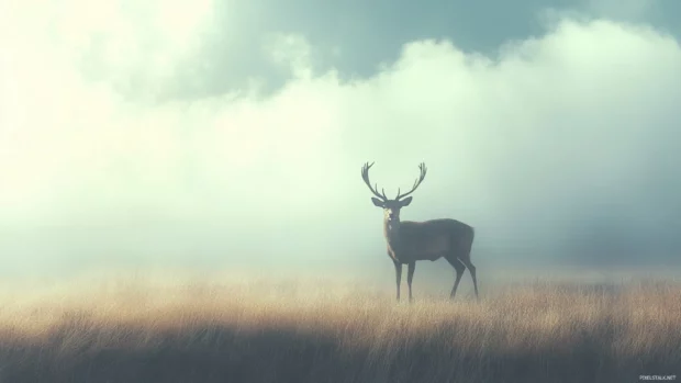 Cool deer in a minimalist open field with subtle cloud shadows.
