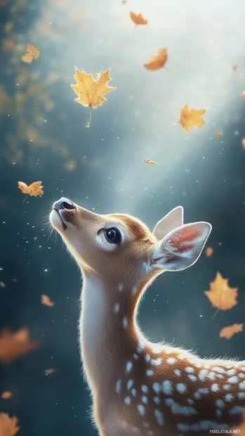 Cool deer looking up toward floating leaves in a peaceful scene.
