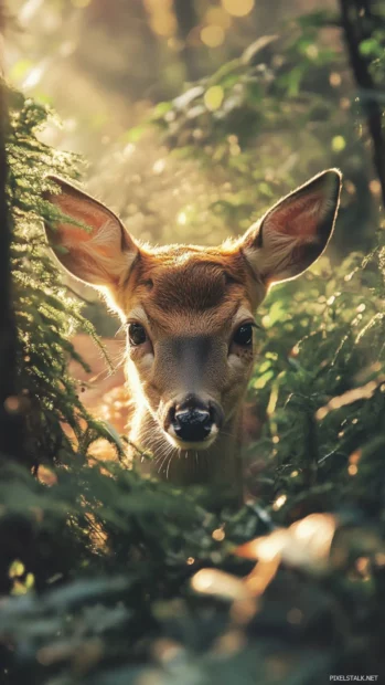 Cool deer peeking through dense foliage with gentle sunbeams shining.