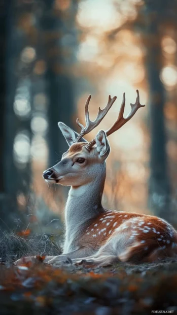 Cool deer resting quietly with a blurred forest backdrop.