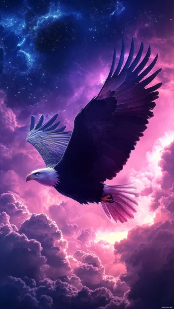 Cool eagle iPhone wallpaper with a stylized eagle flying through neon storm clouds under a glowing sky.