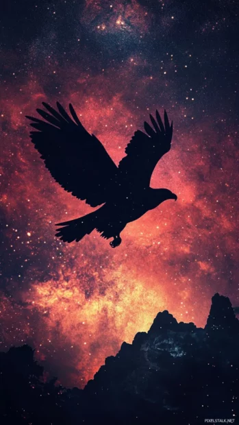 Cool eagle wallpaper for iPhone with stylized eagle silhouette against a cosmic night sky.