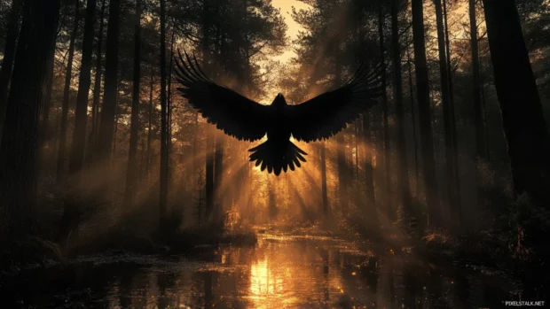 Cool eagle wallpaper showing a shadowy figure of a bird hovering above a glowing forest floor.