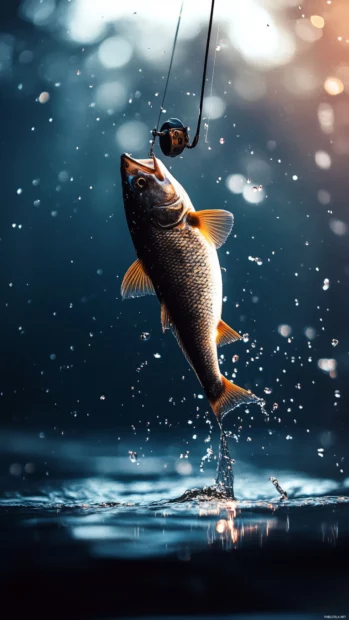 Cool fishing wallpaper for iPhone with high contrast light and a dramatic jump of a hooked fish.