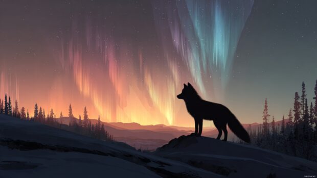 Cool fox 4k wallpaper with sleek fox silhouette standing on a snowy ridge under northern lights.