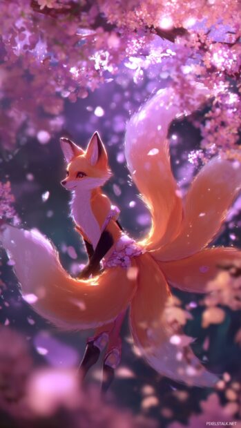 Cool fox anime wallpaper fantasy version with fox with nine ethereal tails dancing among glowing cherry blossoms.