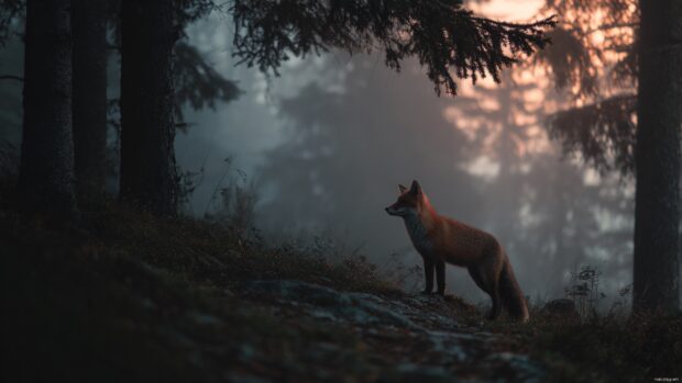Cool fox desktop wallpaper showing a red fox paused at twilight in dense misty forest with cinematic lighting.