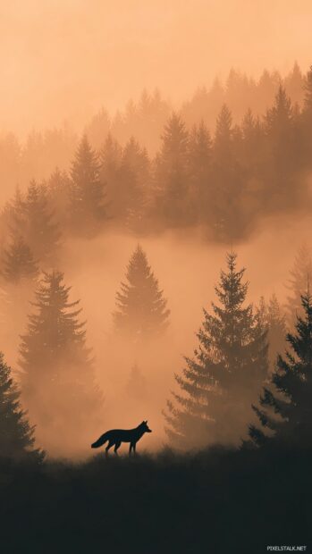 Cool fox forest wallpaper featuring misty pine woods at dawn and a lone fox silhouette breaking through fog.
