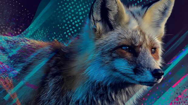 Cool fox hd wallpaper featuring a stylized fox portrait over digital art patterns and abstract neon highlights.