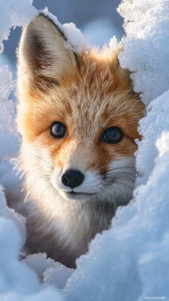 Cool fox wallpaper snow edition depicting a fox cub peeking through snowdrift in soft winter light.