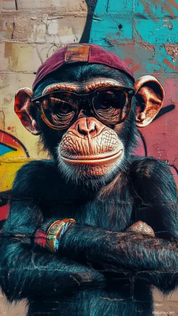 Cool monkey crossing its arms with a playful smirk in front of a graffiti wall.
