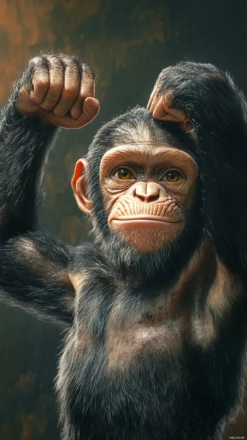 Cool monkey flexing its tiny biceps proudly with a determined face.