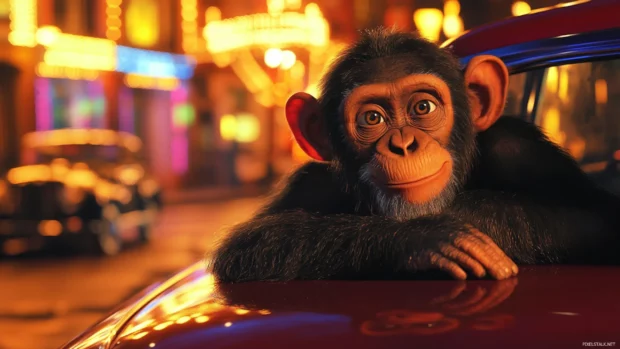 Cool monkey giving a sly wink while leaning on a vintage car under bright city lights.