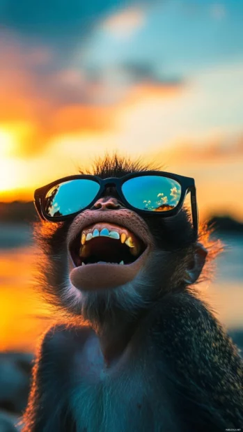 Cool monkey laughing with mirrored sunglasses reflecting a beach sunset, cool monkey wallpaper.