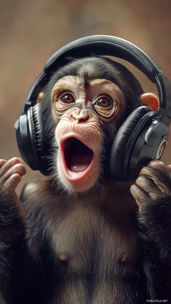 Cool monkey looking surprised as it holds up a pair of big headphones.