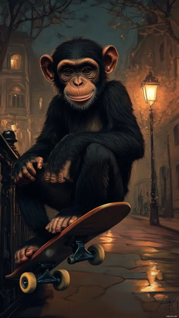 Cool monkey sitting on a skateboard with an edgy grin under streetlights.