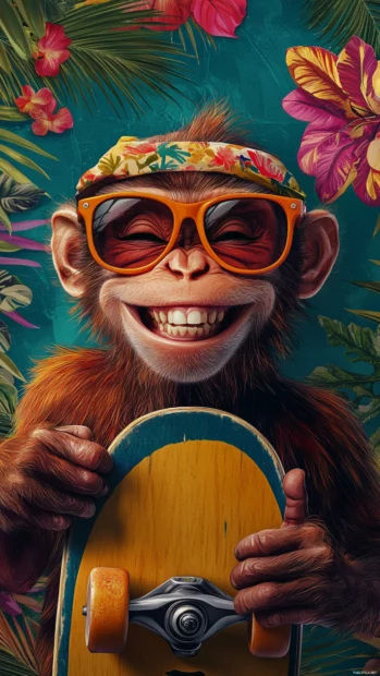 Cool monkey smirking while holding a skateboard, surrounded by tropical patterns, mobile monkey wallpaper.