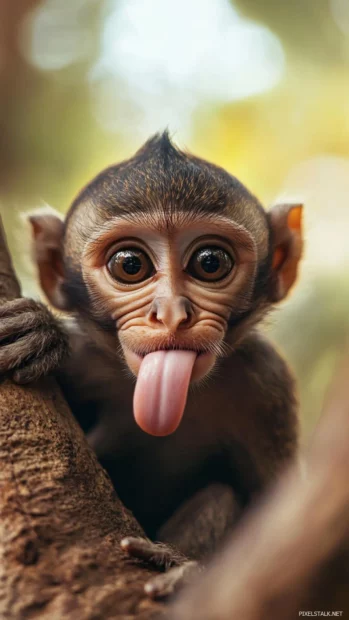 Cool monkey sticking out its tongue with a cheeky sparkle in its eyes.