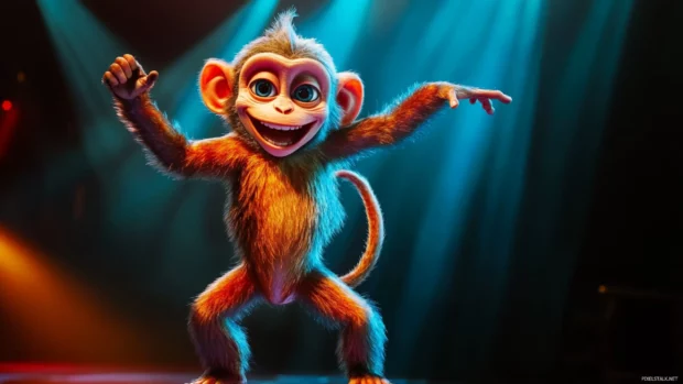 Cool monkey striking a heroic pose with a bold grin under a spotlight.