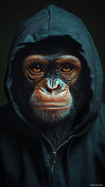 Cool monkey wearing a hoodie with a cool stare under moody lighting.