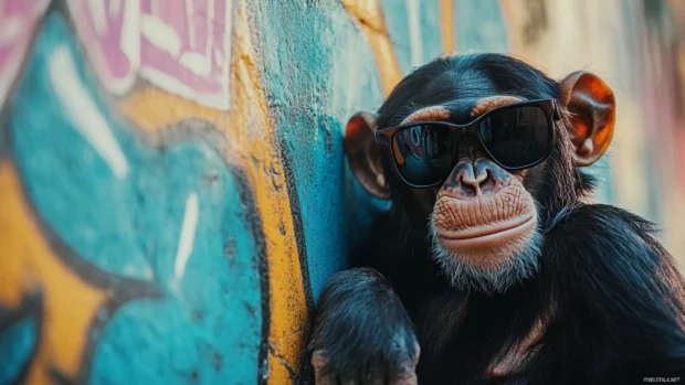Cool monkey wearing sunglasses leaning against a graffiti wall with a confident smirk.