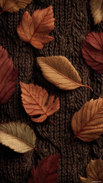 Cosy fall leaves wallpaper iphone design with warm toned leaves layered over a knit sweater texture under soft light.