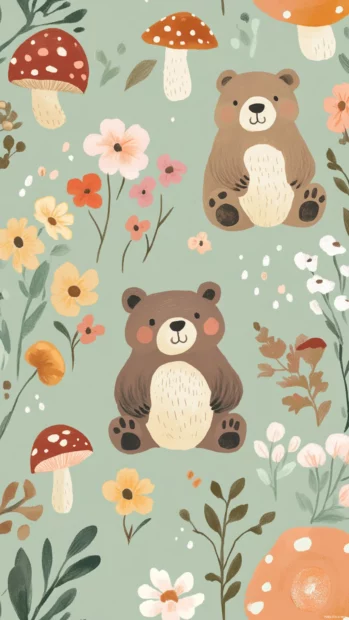 Cottagecore bear wallpaper showing bears surrounded by flowers and mushrooms on a soft green background.