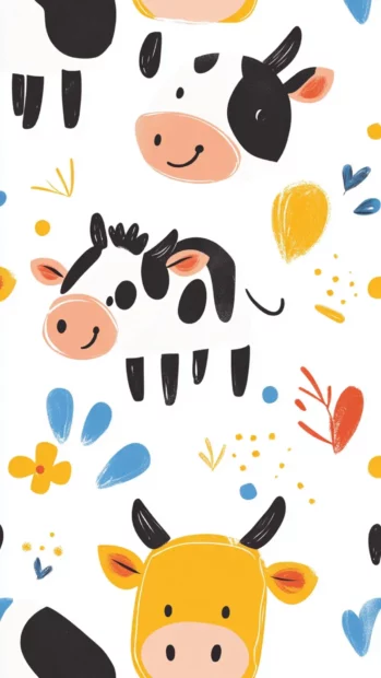 Cow print wallpaper for kids, showcasing cartoon style patterns with bright colors and friendly shapes for a cheerful setting.