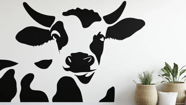 Cow print wallpaper in black and white with a minimalist design, featuring seamless patterns and soft textures, ideal for a modern aesthetic.