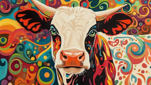 Cow print wallpaper with a trippy design, incorporating vibrant colors and swirling patterns for an eclectic look.