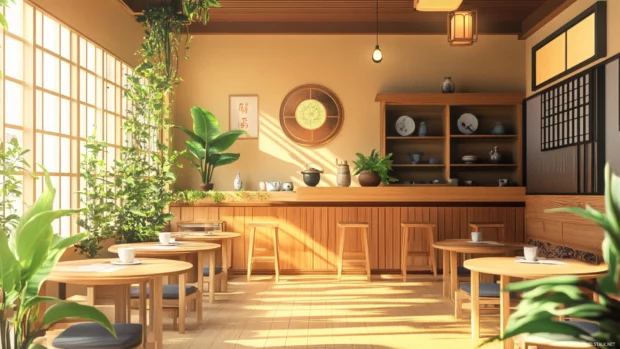 Cozy Cute Japan teahouse interior filled with soft light and delicate ceramics.