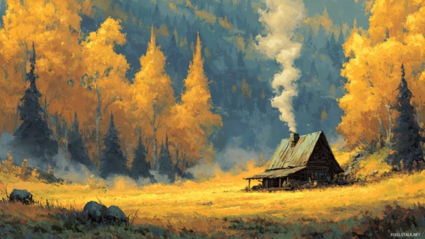 Cozy autumn wallpaper desktop depicting rustic cabin nestled among amber trees with plumes of smoke rising.