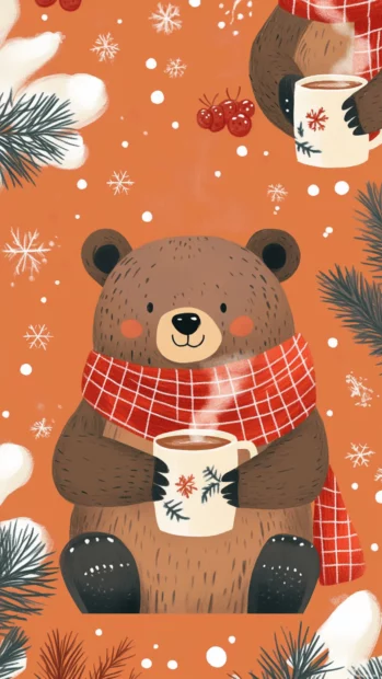 Cozy bear wallpaper depicting bears wrapped in scarves and sipping hot cocoa on a warm orange background.