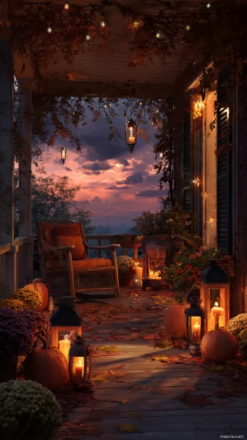 Cozy beautiful fall wallpaper iPhone version illustrating warm porch scene with pumpkins and glowing lantern at dusk.