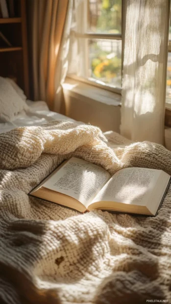 Cozy book lover wallpaper captured with a wool blanket, handwritten notes, and sunlight pouring over book pages.