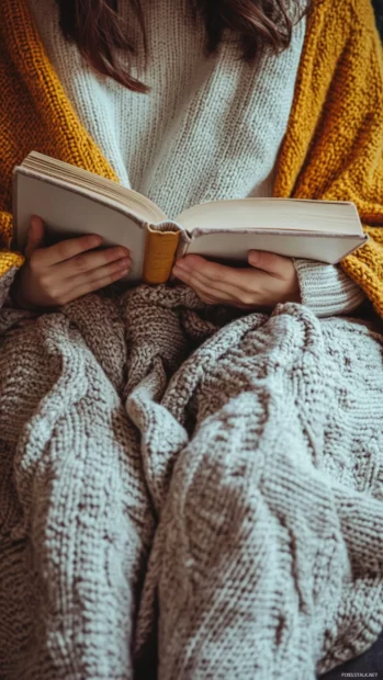 Cozy cardigan draped over a book lover while immersed in reading.