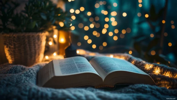 Cozy evening reading scene with an open Book and fairy lights in the background.