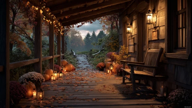 Cozy fall MacBook wallpaper illustrating warm cabin porch with pumpkins sweeping leaf path outside in soft dusk.
