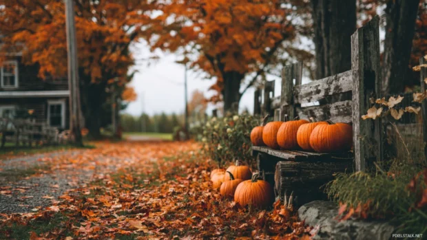 Cozy fall atmosphere with pumpkins stacked near a wooden fence, vibrant autumn leaves covering the ground.