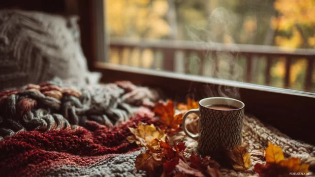 Cozy fall colors background illustrating plush autumn blanket of leaves alongside a steaming mug by cabin window.