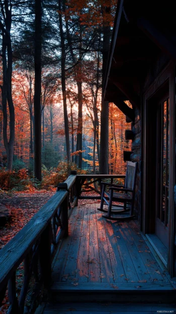 Cozy fall forest wallpaper iPhone design highlighting cabin porch view overlooking tranquil autumn woodland at dusk.