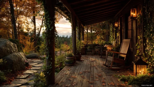 Cozy fall landscape wallpaper presenting a rustic cabin porch overlooking tranquil woodland with amber glow.