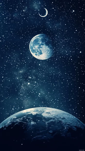 Cozy night sky above Earth surrounded by moon phases and sparkles.