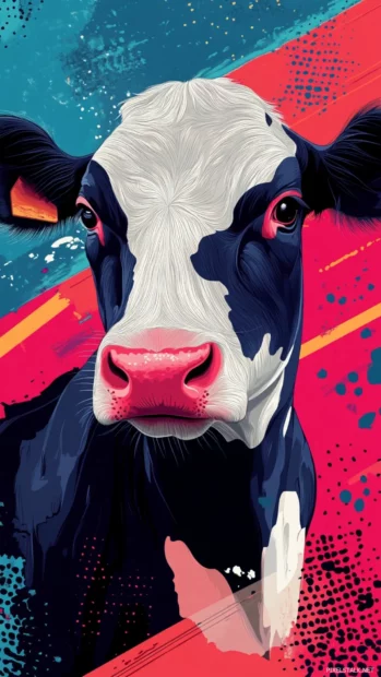Craft an energetic iphone lock screen using modern cow print wallpaper with bold edges and vibrant contrasts.