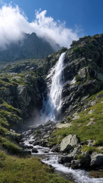 Crystal clear Waterfall descending from mountain peaks under a bright blue sky, mist rising gently.