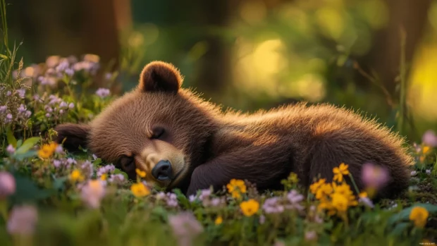 Curled up on a bed of wildflowers, a brown bear cub sleeps soundly, making a gentle brown bear wallpaper for desktop background.
