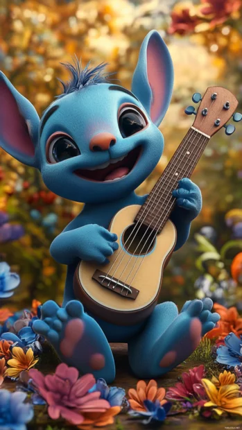 Cute 3D Stitch holding a small ukulele with a floral background, rich in textures and vibrant tones.